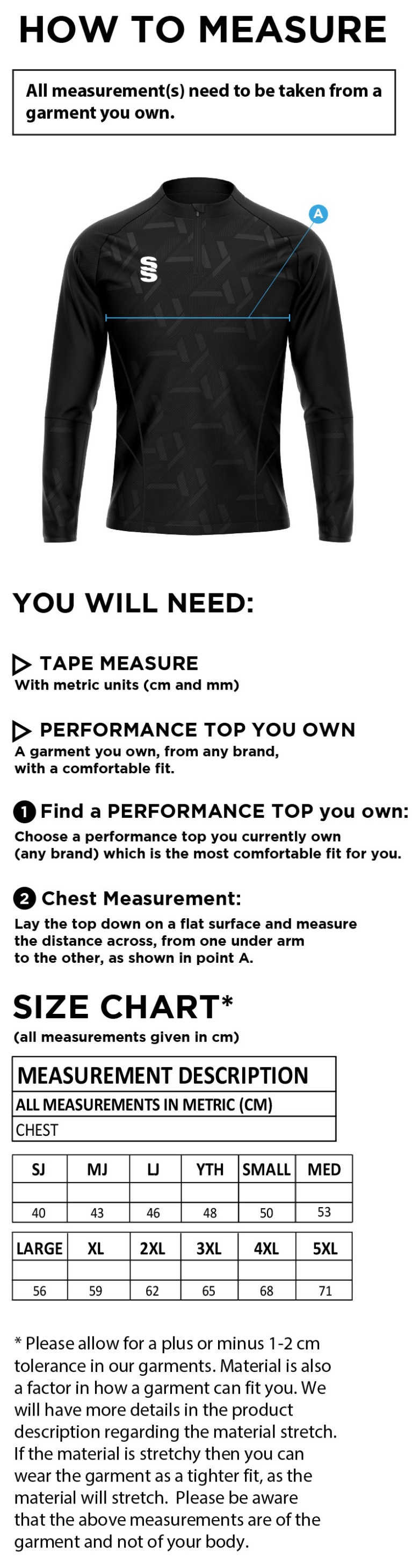 Impact 1/4 Zip Performance Top - Size Guide