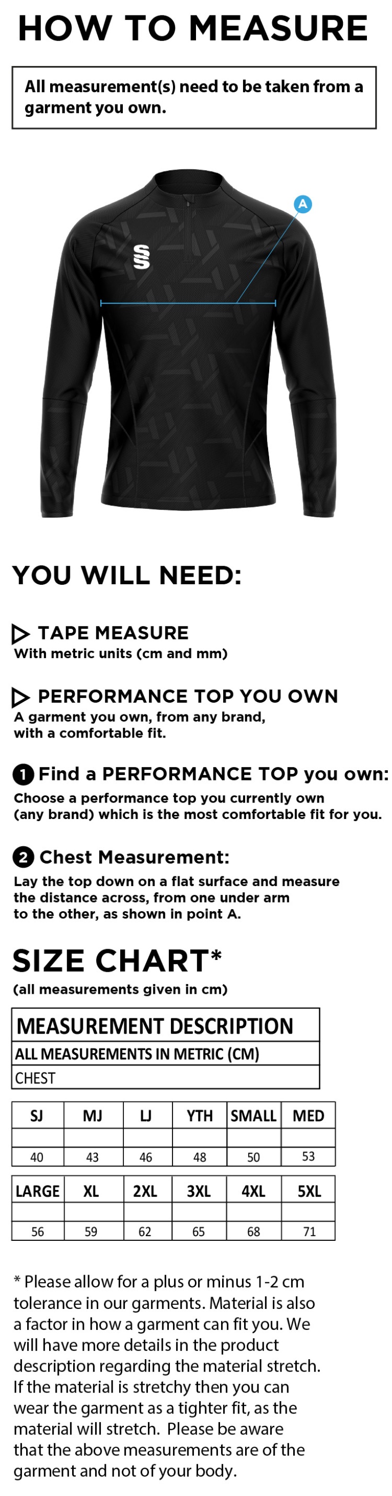 Impact 1/4 Zip Performance Top 2 - Size Guide