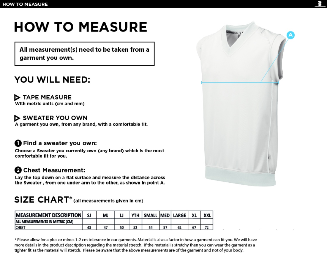 Blast Sleeveless Cricket Sweater - Size Guide