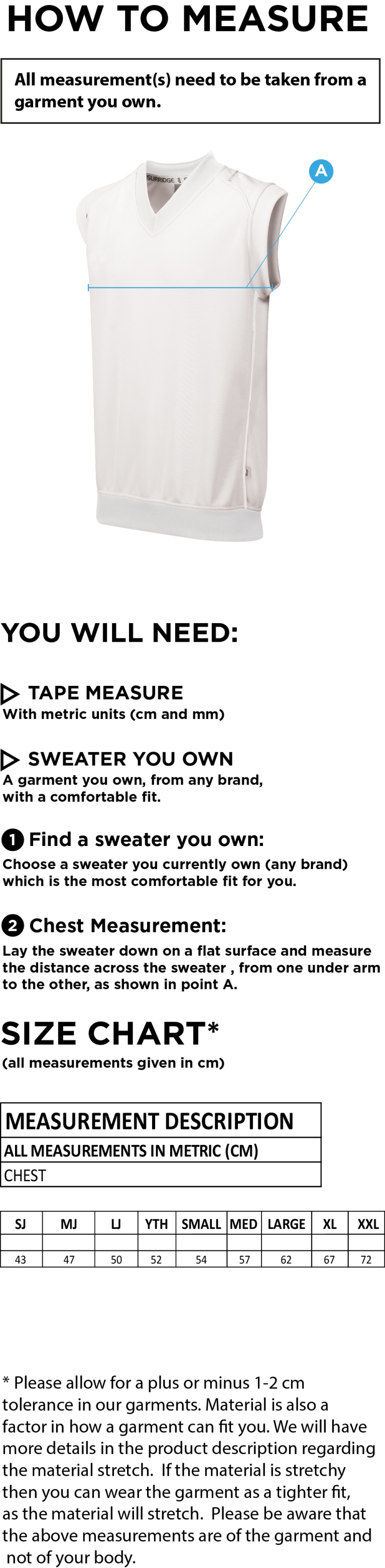 Blast Sleeveless Cricket Sweater - Size Guide