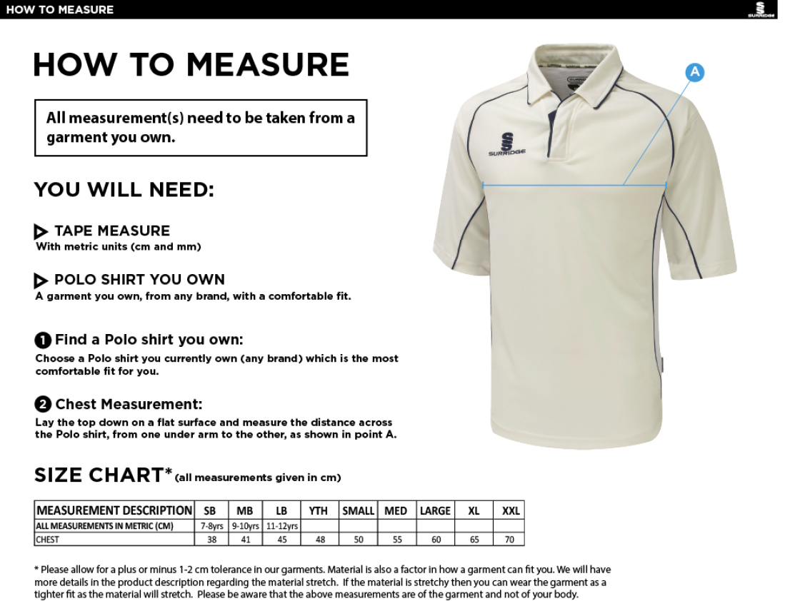 Premier Cricket Shirt - Short Sleeve Red - Size Guide
